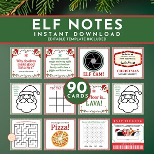 Könnte beinhalten: Eine Sammlung von 90 Weihnachtskarten mit Elf-Notizen, ein Sofort-Download mit einer editierbaren Vorlage. Die Karten zeigen verschiedene Aktivitäten, darunter ein Labyrinth, Tic-Tac-Toe und eine Wortsuche, mit Santa- und Elf-Grafiken. Der Text enthält "Elf Cam!" und "Christmas Movie Night!"