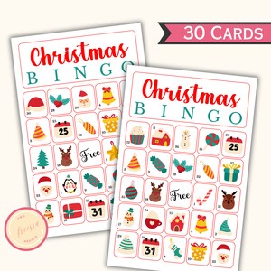 30 Weihnachts-Bingo-Karten - druckbare Weihnachtsspiele für Kinder und Erwachsene - Party-Spiele und Aktivitäten - Familie, Klassenzimmer-Spiele - XC0