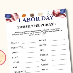 Labor Day Finish the Phrase Game - Printable Labor Day Party Activity - American Trivia - Patriotic Party Game - Instant Download - LM9