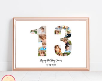 Può includere: Una foto incorniciata bianca con un collage di foto di un ragazzo disposte a forma di numero 13. Il testo "Happy Birthday James 12-27-2022" è stampato sotto il numero.