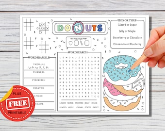 Donut Coloring and Activity Placemat - Printable Party Pages for Kids - Digital Download - 8.5 x 11, 8.5 x 14 and 11 x 17