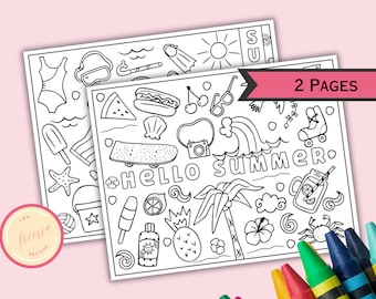 Printable Summer Doodle Coloring Pages -  Summer Coloring Placemat Sheets for Kids - 8.5 x11 - Summer, Beach Party - Digital Download - GS79