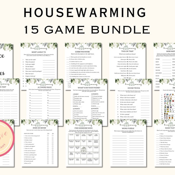 Housewarming Party Games - Printable Housewarming Game Bundle - Housewarming Games Printable - Greenery-themed New Home Party Games - PL90