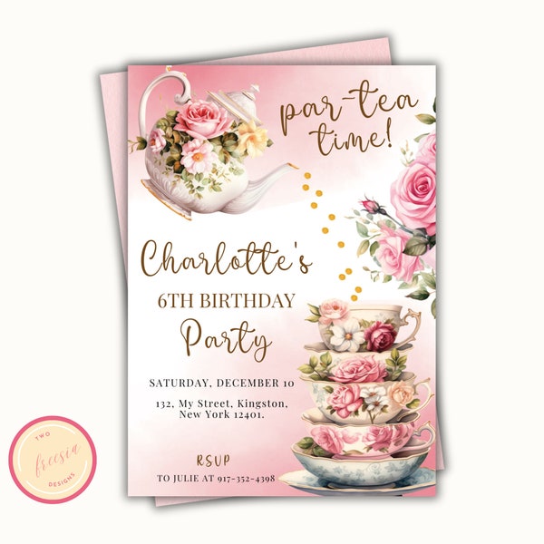 Editable Tea Party Birthday Invitation - Pink and Gold Par-tea Invite Template - Whimsical Tea Party - High Tea Floral - Printable Invite