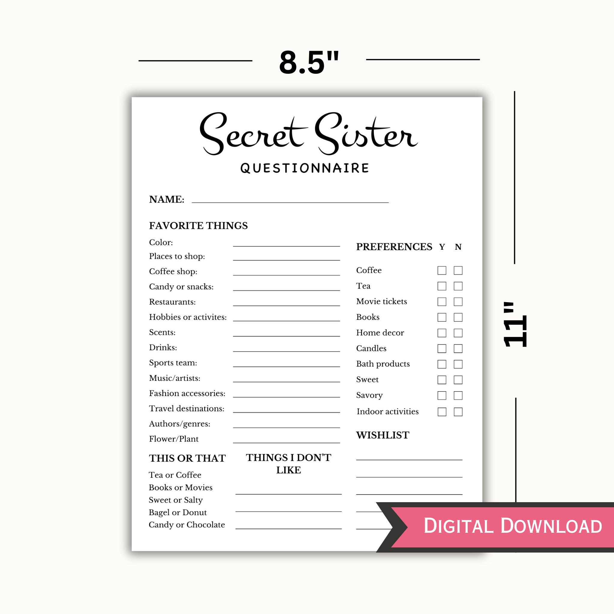 Secret Sister Questionnaire Editable Template All About Me Survey