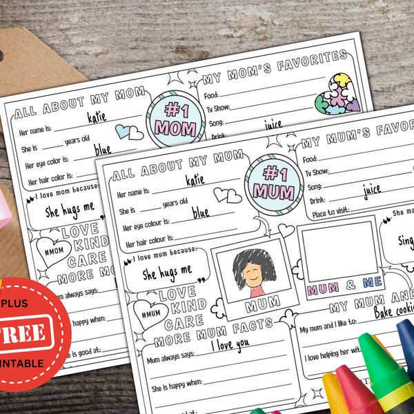 All about Mom/Mum Activity Placemat - Printable Birthday and Mother's Day Gift from Kid - Fill-in-blanks  Worksheet