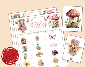 May include: A printable fairy scavenger hunt game with a checklist of items to find, including a mushroom house, a fairy, a bottle, a cloud, a ladybug, a sunflower, a pumpkin, a basket, and a mushroom. The game is designed for children's parties or activities.