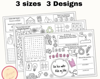 Earth Day Coloring and Activity Placemat - Printable Activity Sheets for Kids - 8.5 x 11, 8.5 x 14 and 11 x 17 - Digital Download