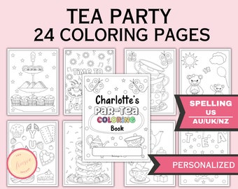 May include: A black and white coloring book with 24 pages featuring a tea party theme. The cover features a teacup, teapot, and the text "Charlotte's Par-Tea Coloring Book".