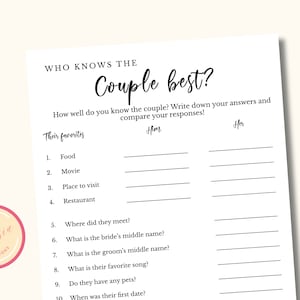 Who knows the Couple Best - Printable Couples Bridal Party Games - Joint Bridal Shower Games - Co ed Bridal Party Games - KW04