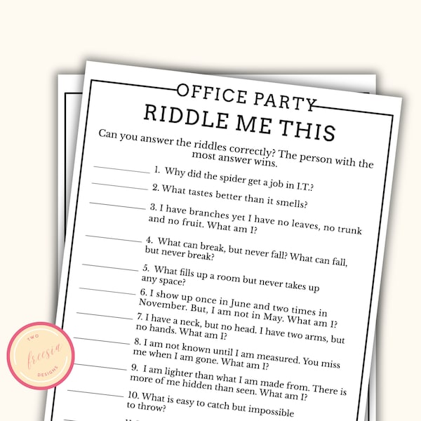 Office Party Riddles Game - Printable Work Party Games for Team Building - Staff Appreciation Icebreaker Activity - Happy Hours - LK09