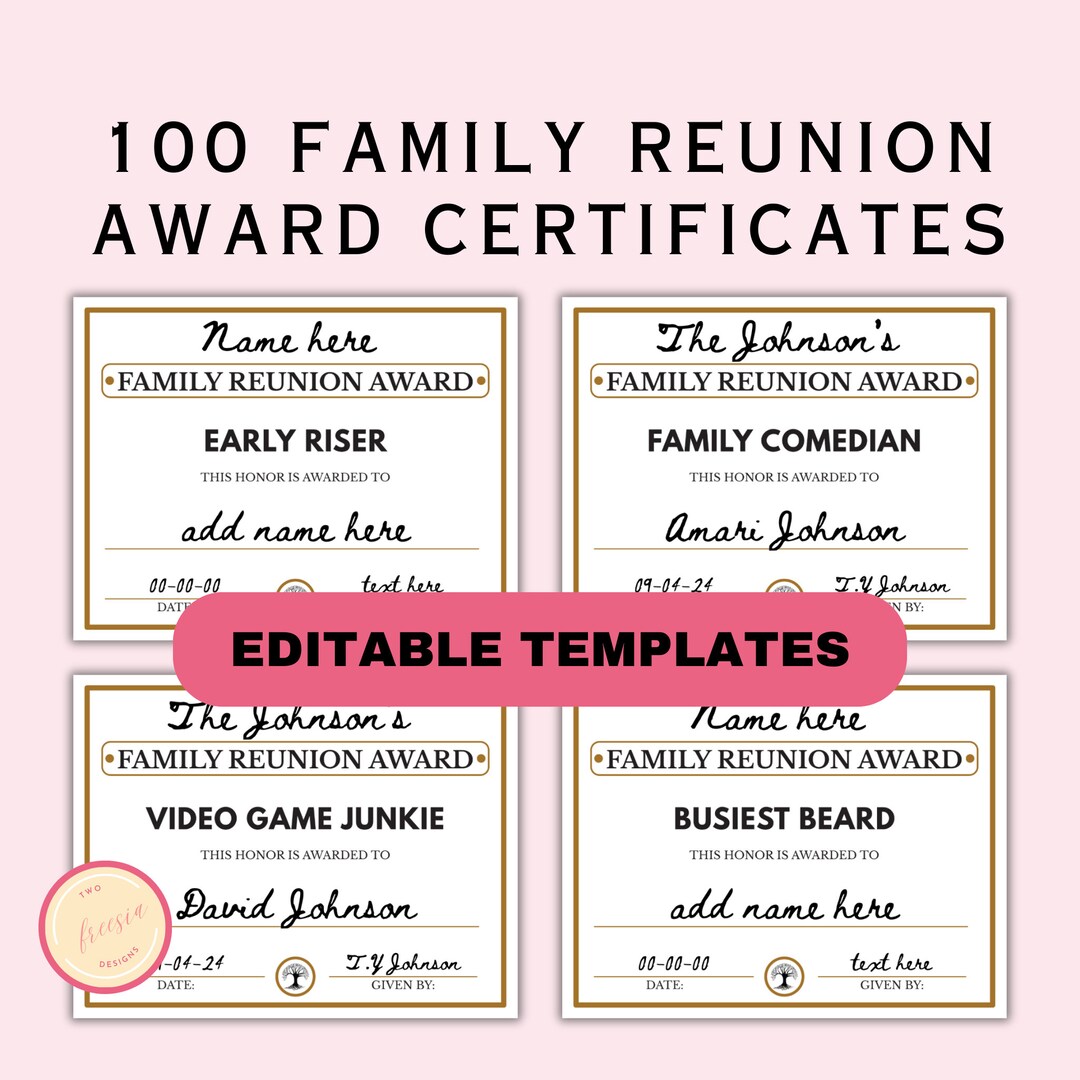 Family Reunion Award Certificates - Editable 100 Funny Family Reunion ...