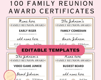 Family Reunion Award Certificates - Editable 100 Funny Family Reunion Award Templates - Fun Family Gathering Ideas Printable- RP98