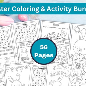 May include: A set of 56 printable Easter colouring and activity pages featuring black and white illustrations of bunnies, eggs, flowers, and other Easter themes. The pages include word searches, mazes, count and colour activities, and more.