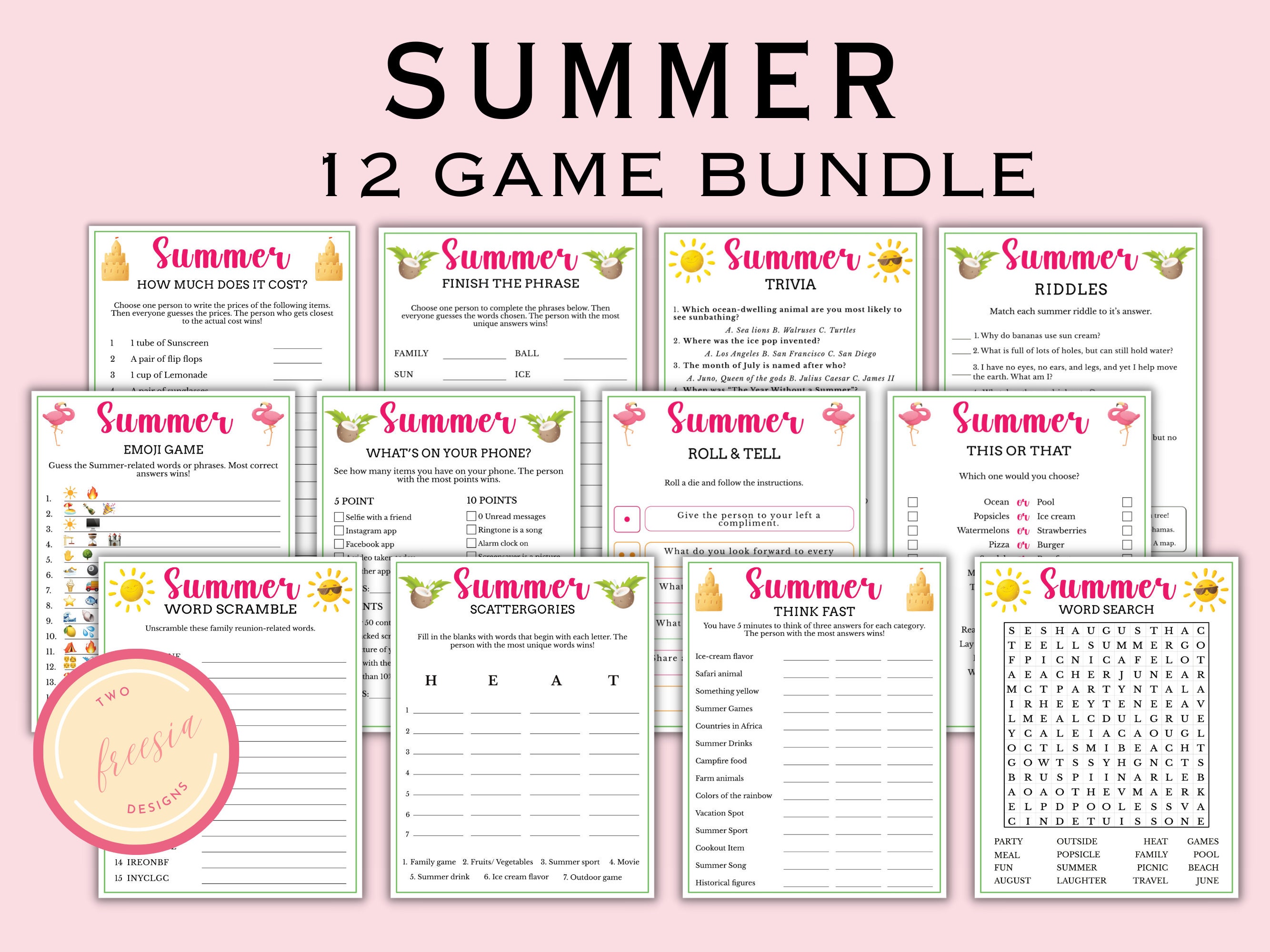 12 Printable Summer Game Bundle for Kids and Adults - Beach, Pool Party