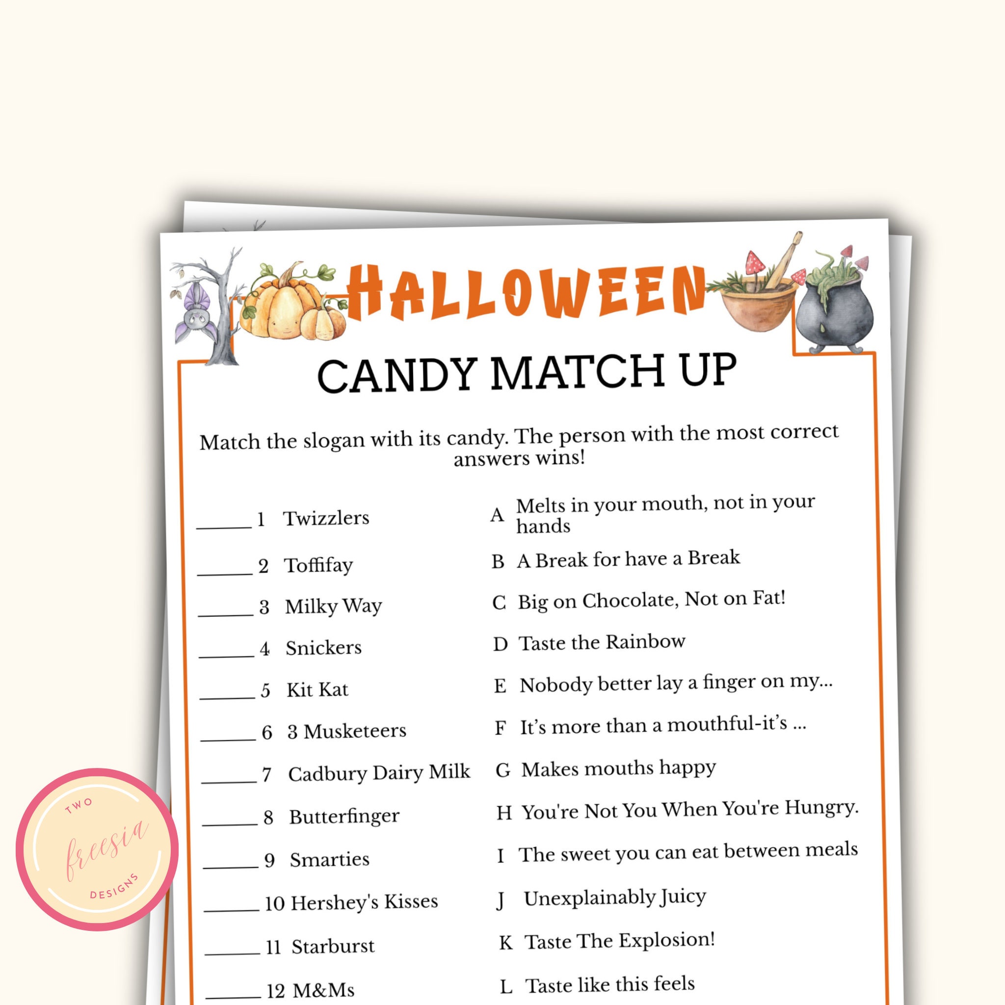 Candy Match up Game - Printable Halloween Party Game for Teens and ...