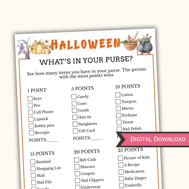 What's in Your Purse Game Printable Halloween Party Game for Teens and