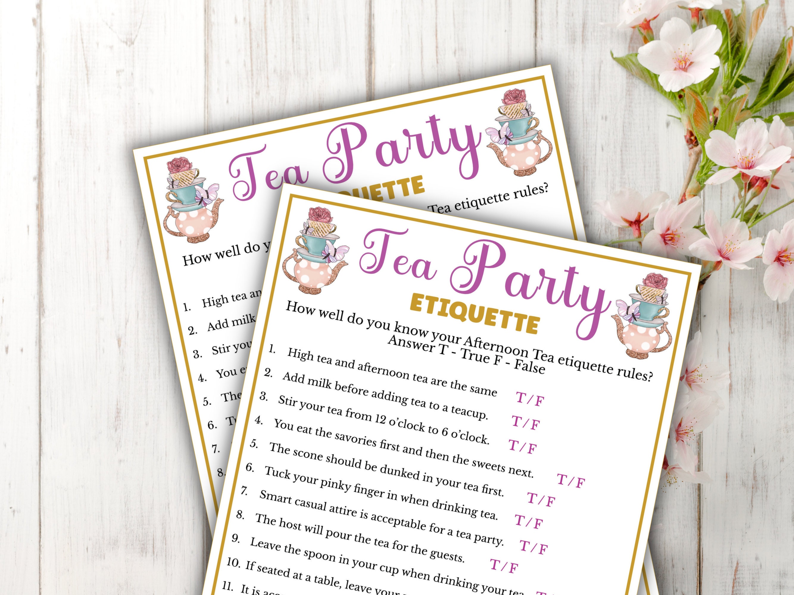 Tea Etiquette Game Printable Tea Party Games for Birthdays, Bridal