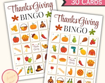 30 Thanksgiving Bingo Cards - Printable Thanksgiving Games for Kids and Adults - Party Games and Activities - Family, Classroom Games - PL04