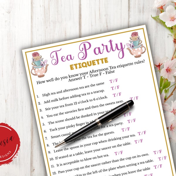 Tea Etiquette Game - Printable Tea Party Games for Birthdays, Bridal Shower, Afternoon Tea , Ladies Garden Tea Party, Church Tea Party