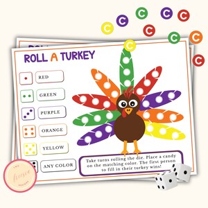 Roll a Turkey Dice Game - Printable Thanksgiving Game - Fall Activity for Kids and Teens - Thanksgiving Party Game - Classroom Game - TR11