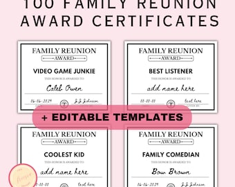 Editable Family Reunion Award Certificates - 100 Funny Family Reunion Award Template - Fun Family Gathering Ideas - RP98