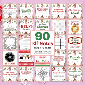 Könnte beinhalten: Eine Sammlung von 90 Elf Notes, druckfertig, mit editierbaren Vorlagen. Die Notizen enthalten verschiedene weihnachtliche Botschaften, Spiele und Aktivitäten, alles in einem festlichen Design mit Elf-Illustrationen und Urlaubsakzenten.