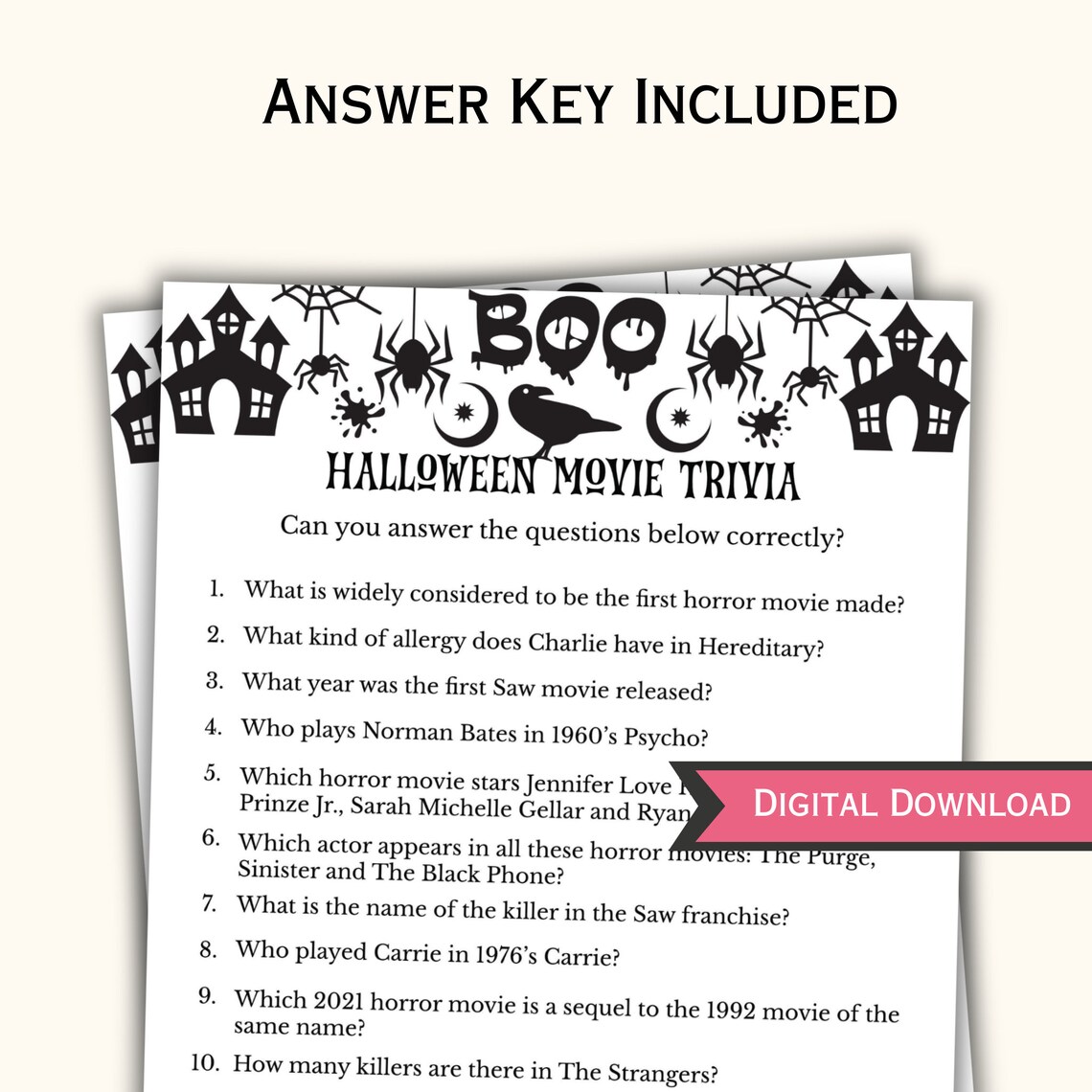 Halloween Movie Trivia Game Printable Halloween Party Game for Teens