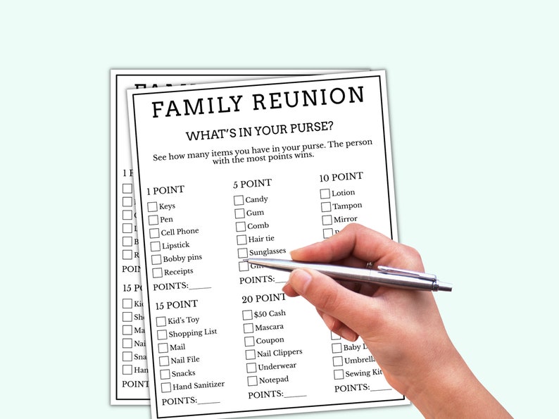 Family Reunion What's in Your Purse Game - Printable Family Gathering ...