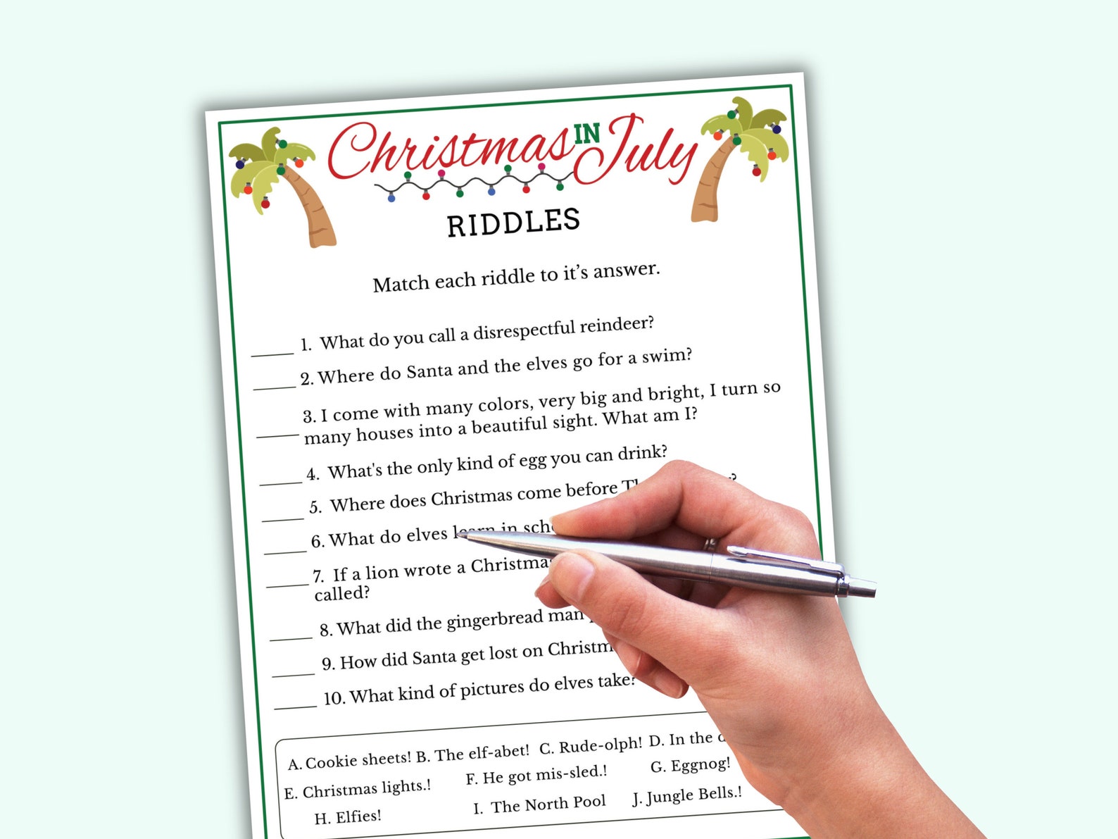 Juy Riddles Christmas in July Riddles Game - Printable Christmas in July Game for ...