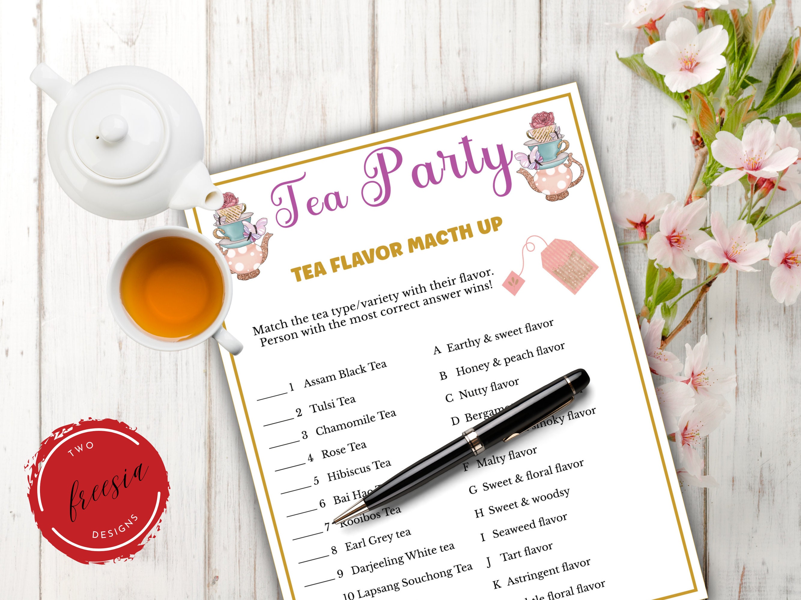 Tea Party Game - Tea Flavor Matchup - Printable Tea Party Games for ...
