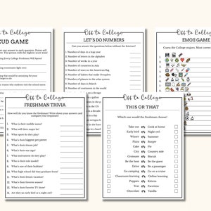 May include: A collection of printable college-themed games, including a Feud Game, Freshman Trivia, Let's Do Numbers, This or That, and an Emoji Game. The games feature black text on white backgrounds.