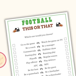 This or That Game - Printable Football Party Game - Football Party Games for Football Game Night Retirement & Birthday Parties - J09