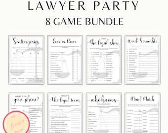 May include: A set of eight printable lawyer party games. The games are themed around law and include titles like "Scattergories", "Ever or Never", "The Legal Show", "Word Scramble", "What's on Your Phone", "What's the Legal Term", "Who Knows the Lawyer Best", and "Mind Match".