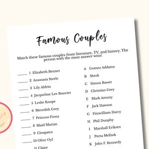 Famous Couple Match Bridal Shower Game - Printable Couples Bridal Party Games - Joint Bridal Shower Games - Co ed Bridal Party Games - KW04
