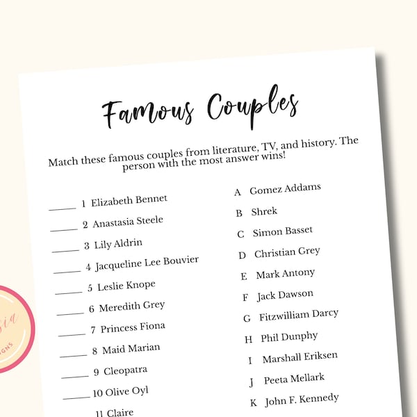 Famous Couple Match Bridal Shower Game - Printable Couples Bridal Party Games - Joint Bridal Shower Games - Co ed Bridal Party Games - KW04