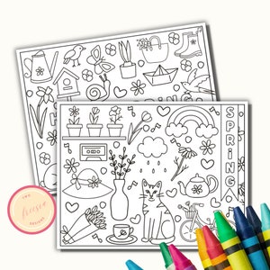 Printable Spring Doodle Coloring Pages - Placemat Activity Sheet for Kids - 8.5 x11 - Digital Download
