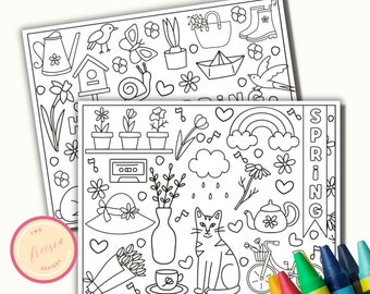 Printable Spring Doodle Coloring Pages - Placemat Activity Sheet for Kids - 8.5 x11 - Digital Download