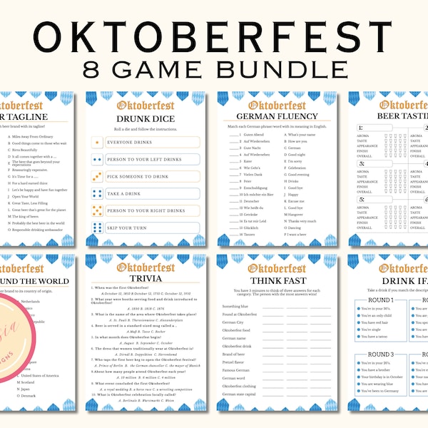 Pacchetto di 8 giochi dell'Oktoberfest - Giochi di società dell'Oktoberfest per adulti stampabili - Giochi del Festival della birra - Degustazione di birra - Download istantaneo - RO23