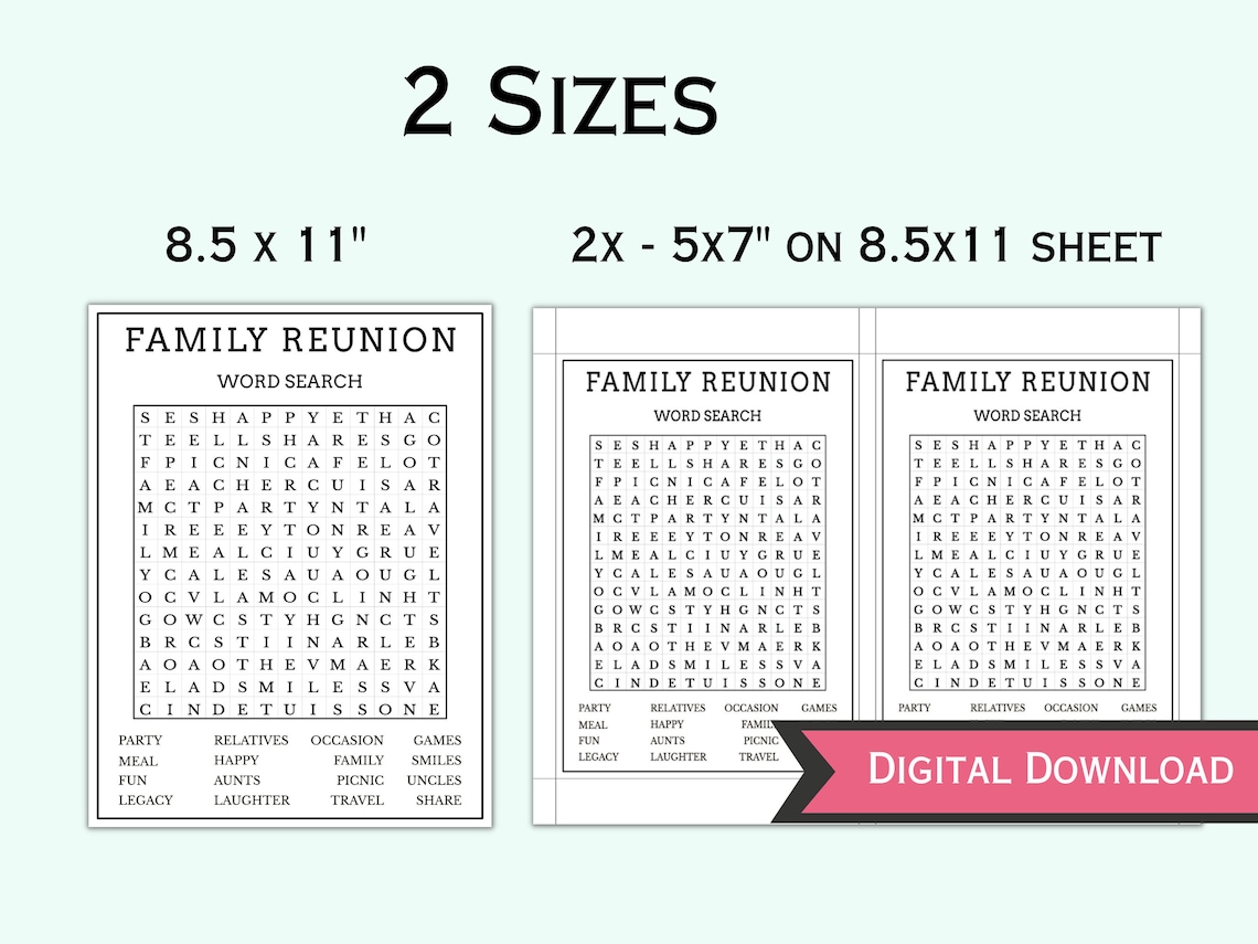 Family Reunion Word Search Game Printable Family Reunion Party Games ...