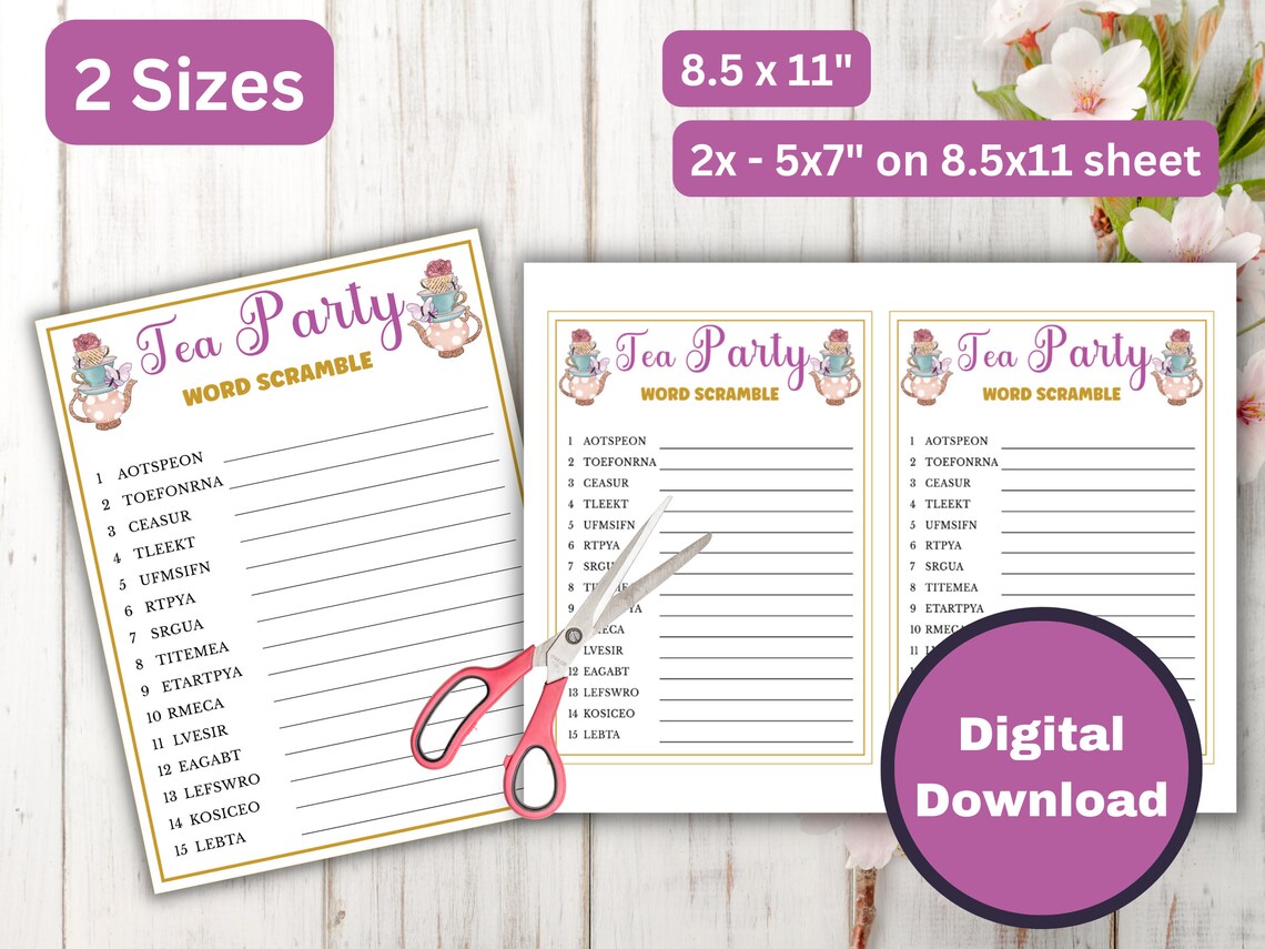 Tea Party Word Scramble Game - Printable Tea Party Games for Birthdays ...