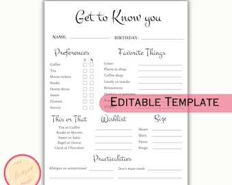 Editable Get to Know you Questionnaire Template - All About Me Survey, All About My Teacher, Employee Gift Idea Worksheet - Team Survey Game
