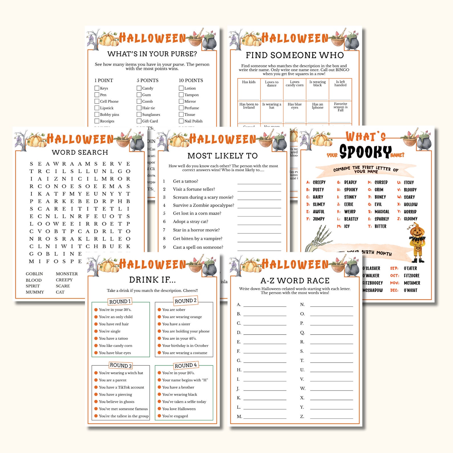 Halloween Party Games - 15 Printable Halloween Party Game Bundle for ...