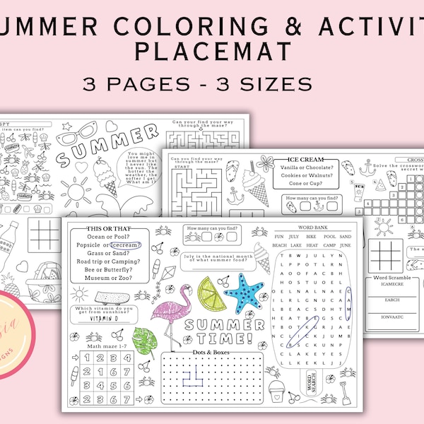 Summer Coloring and Activity Placemat - Printable Summer Activity Pages for Kids - 8.5 x 11, 8.5 x 14 and 11 x 17 - Digital Download - GS79