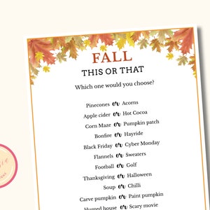Fall This or That Game - Printable Autumn Game - Fun Fall Time Activities for Kids & Adults - Autumn Games - Instant Download - PL04