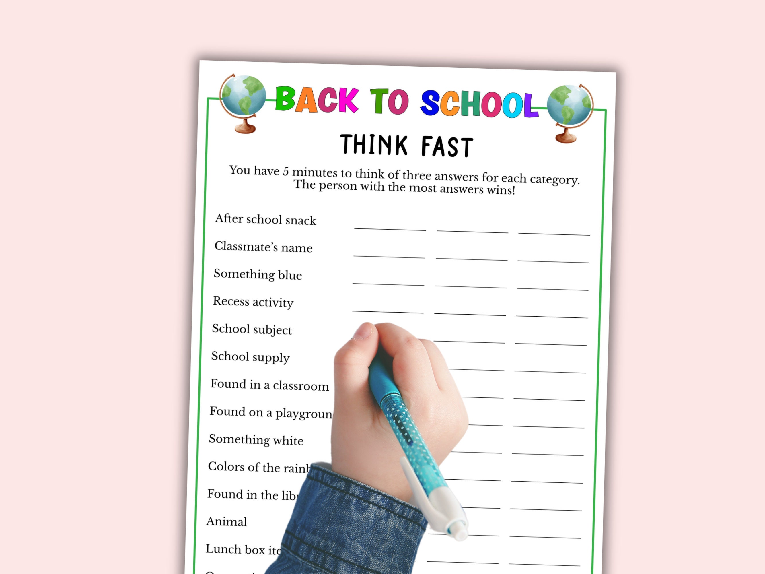 Back to School Think Fast Game - Printable Back to School Game - First ...