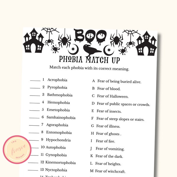 Halloween Phobia MatchUp Game - Printable Halloween Party Game for Teens and Adults - Party Icebreaker Game - Office Halloween Ideas - KL098
