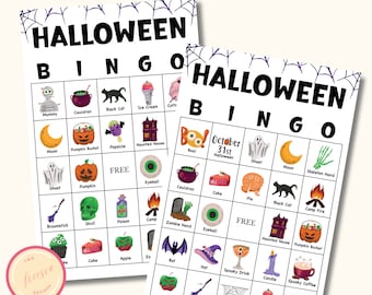 Könnte beinhalten: Zwei druckbare Halloween-Bingo-Karten mit einem schwarz-weißen Spinnennetz-Design. Die Karten zeigen verschiedene Halloween-Motive, darunter ein Geist, ein Kürbis, ein Kessel, eine schwarze Katze, ein Spukhaus, ein Besen, ein Schädel, eine Giftflasche, ein Lagerfeuer, eine Zombiehand, ein Augapfel, ein Kuchen, ein Apfel, eine Fledermaus, ein Hut, ein gruseliges Getränk, eine Kerze, ein gruseliger Kaffee, ein Baum und ein Eis am Stiel.