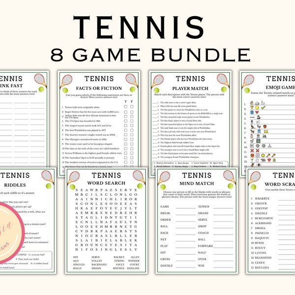 8 Tennis Party Games - Printable Tennis Party Game for Tennis Tournament, Retirement and Birthday Parties - Instant Download - PT98