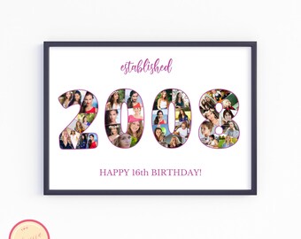Editable Custom 16th Birthday Gift - Photo Collage - 16th anniversary - Born in 2008 - Personalized,Custom Picture Board - GH67